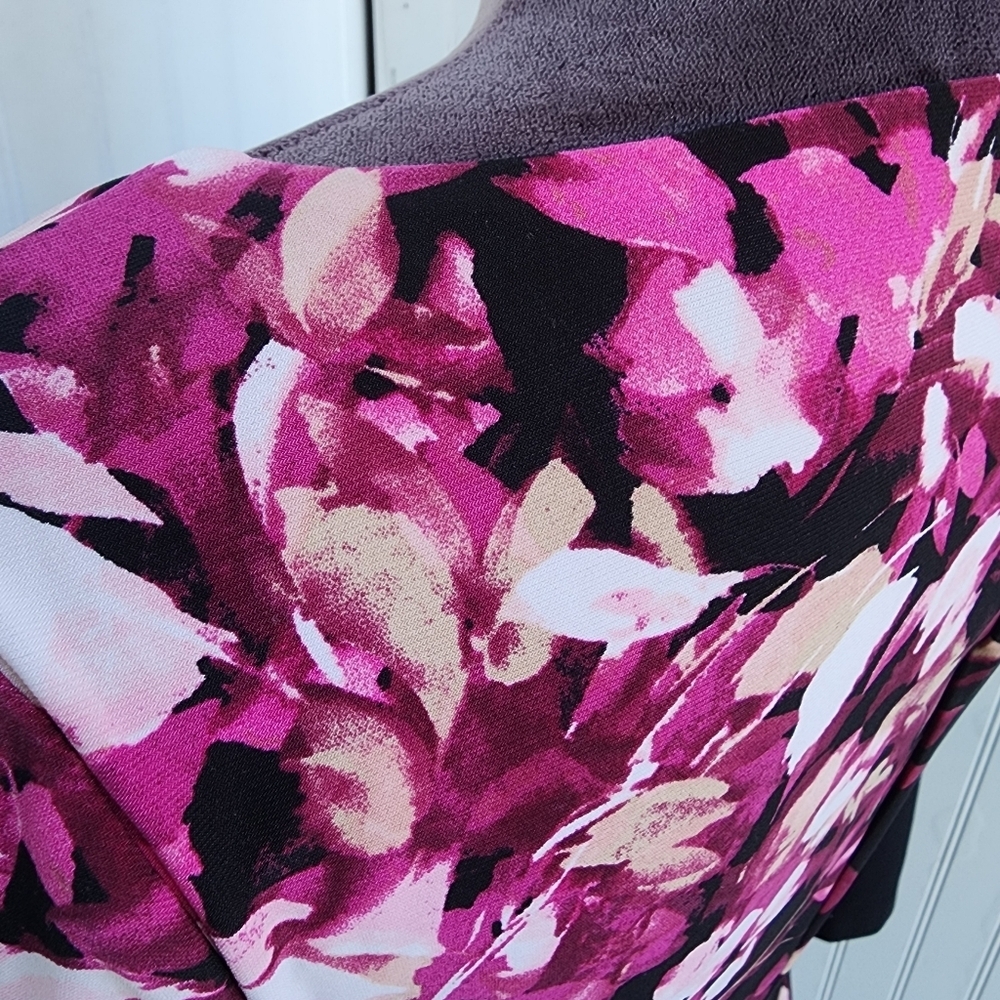 VTG Anne Klein Dress Ruched Black Pink Floral 3/4 Sleeves Stretch Womens Sz 2 - Picture 8 of 16